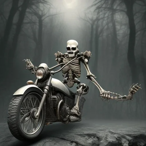 Gost skeleton Rider on black motorcycle on a cool landscape