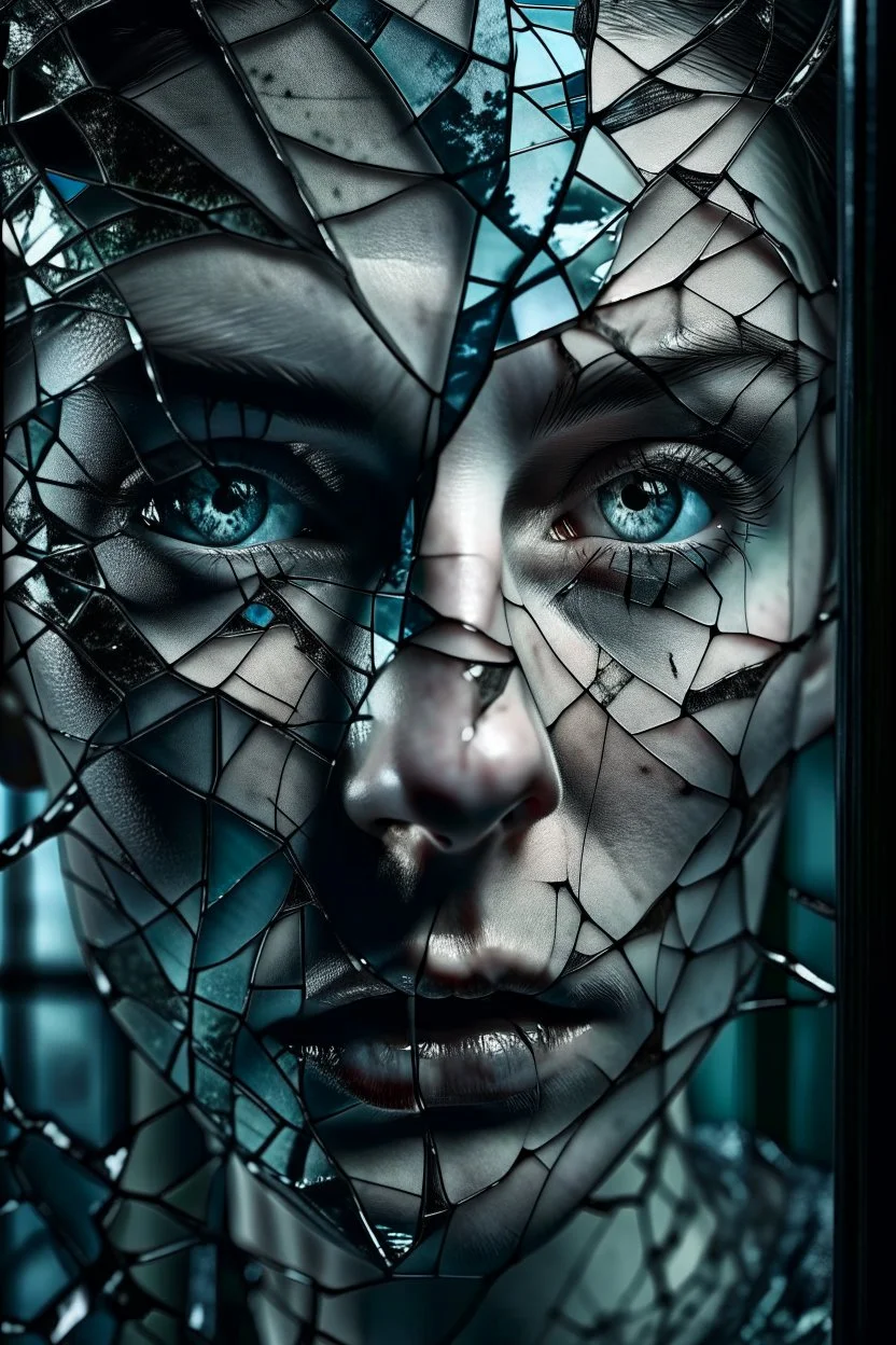 Close-up shot. A cracked pale face deep gaze dark makeup and lips figure through looking a fractured cracked glass pane, revealing glimpses of a surreal hightech cityscape. Hyperrealistic, sharp focus, intricate details, surreal style by Dali, Bosch, Kandinsky, beautifully shot. High contrast, cinematic, dark gloomy, atmospheric, moody. 64 megapixels, perfect compositi