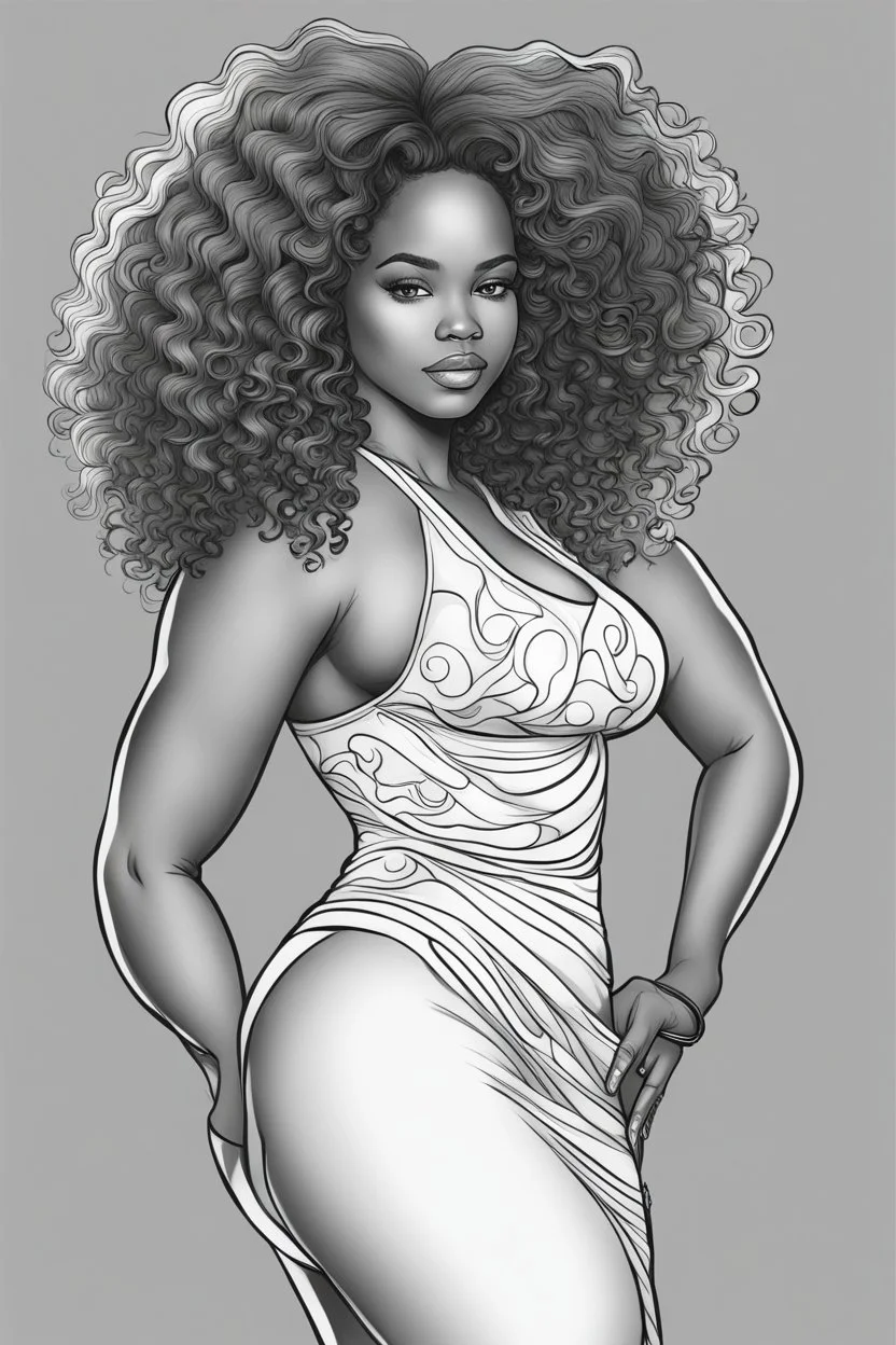 Create a coloring page of a beautiful curvy black female looking to the side with curly hair. No shading, No color, clean lines