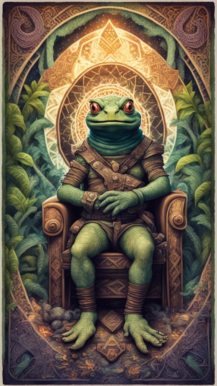 mandala style framed playing card illustration, close up portrait of a happy blessed ancient magical scaly slimy weird Bullywug mad max soldier posing for photo shoot on a throne, holding a burning sceptre, in a space alien mega structure with stairs and bridges woven into a sacred geometry knitted tapestry in the middle of lush magic jungle, bokeh like f/0.8, tilt-shift lens 8k, high detail, smooth render, down-light, unreal engine, prize winning