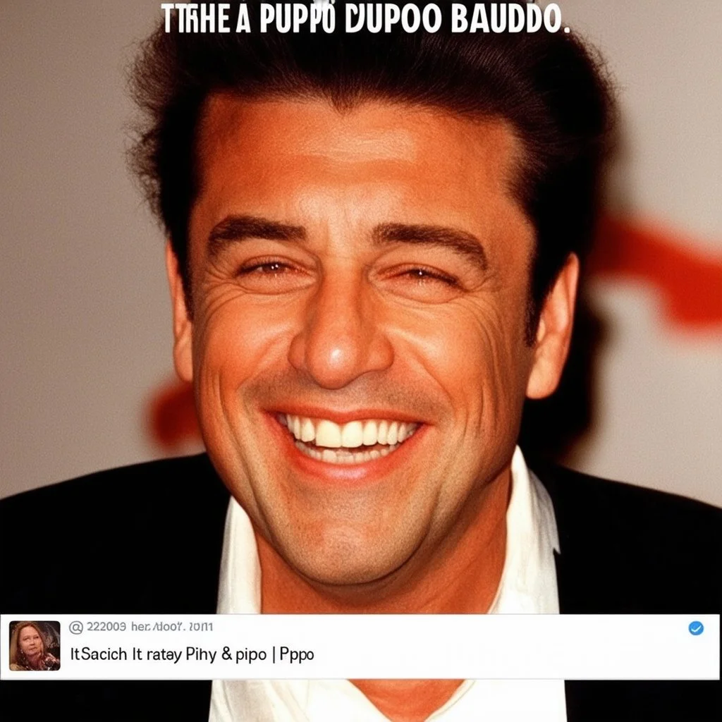 Il famoso cantante italiano Pupo coi capelli di Pippo Baudo e anche coi tratti del volto che ricordano quelli di Pippo Baudo! Foto ironica. Lui sorride. In alto, in sovrimpressione una scritta dice "PUPO BAUDO". Foto ironica. Foto venuta male come le foto fatte col cellulare nei primi anni 2000