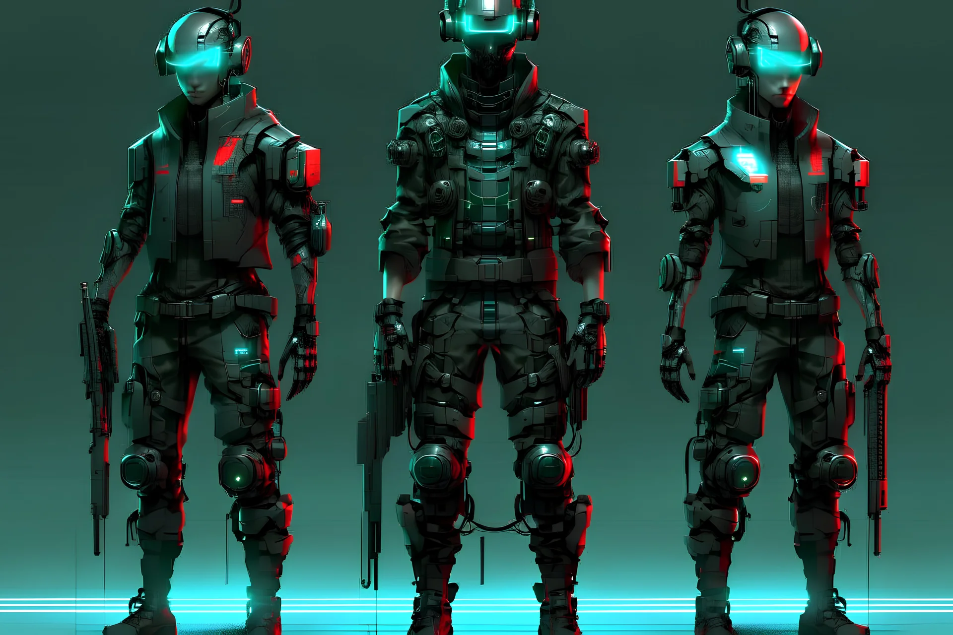 give me three generic cyber soldiers in the style of cyber punk