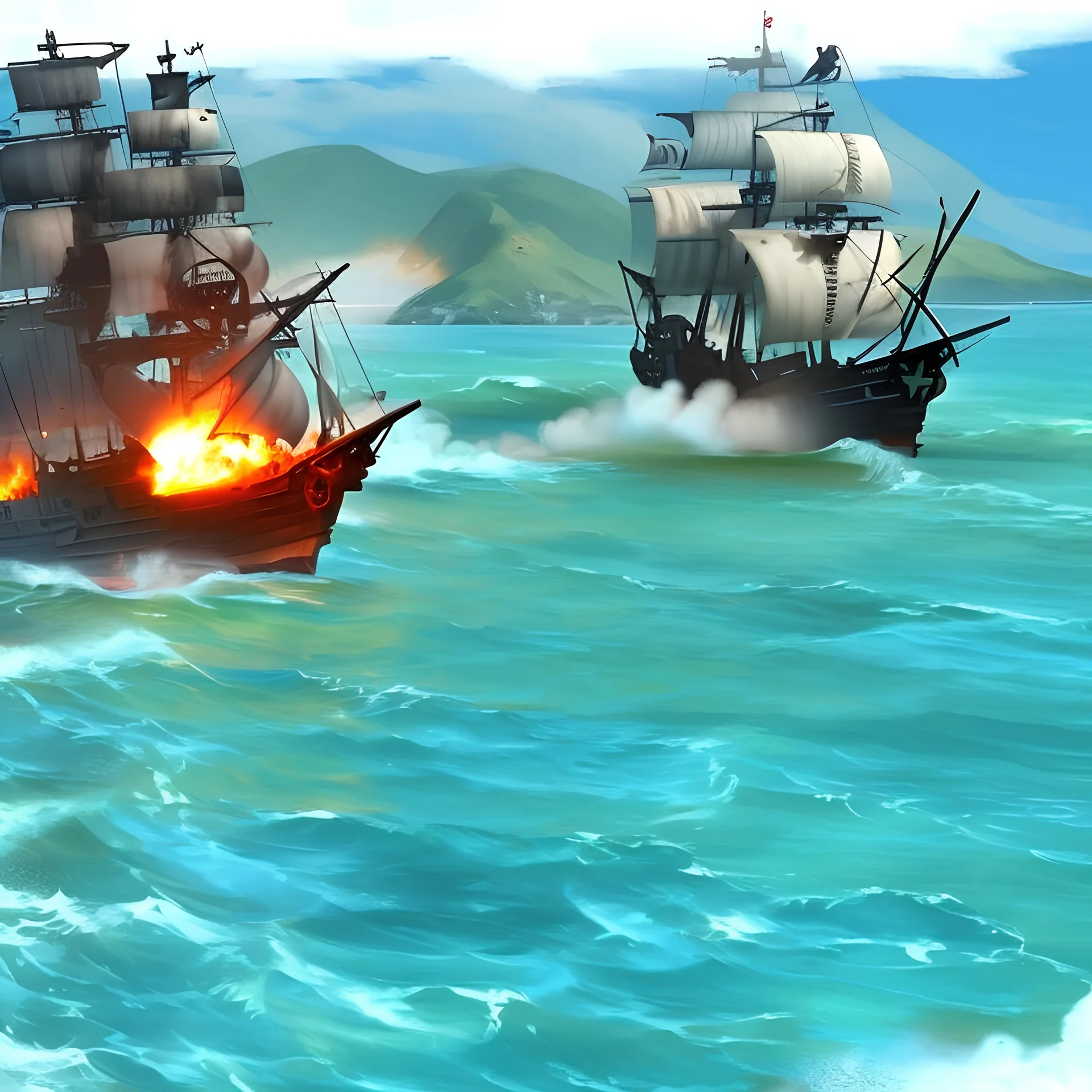 Two pirate ships fight each other at sea. Firing cannons. One ship is hit and burns after being hit.