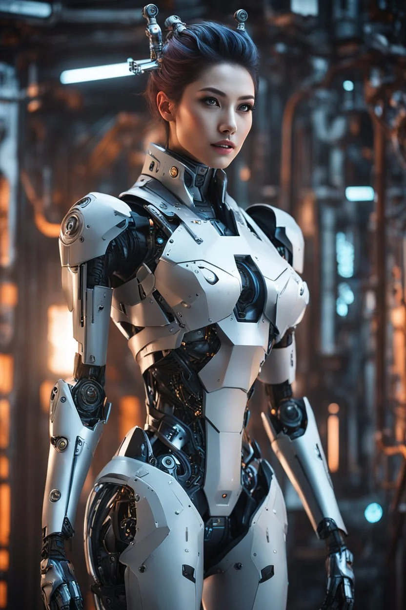 Fullbody Excellence vPhotography 4k masterpiece, incredible depth, cinematic dynamic lighting, sharp focus, high resolution, high quality, outstanding visual masterpiece, flawless rendering, fine detail, extremely realistic masterpiece))), ((((a beautiful robot woman with exposed machinery and circuitry, hanging out in a cyberpunk workshop, elegant machinery, glowing circuitry on skin)))), (((perfect face, proportionate face, beautiful features, unbelievable detai