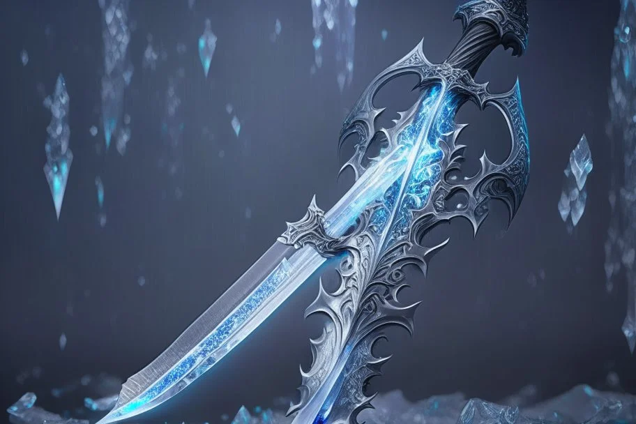 A fantasy greatsword that is a slender, translucent blade made of ice. Its hilt is crafted from swirling vines, leading to a vibrant crystal at the pommel. With a black background behind it. HD