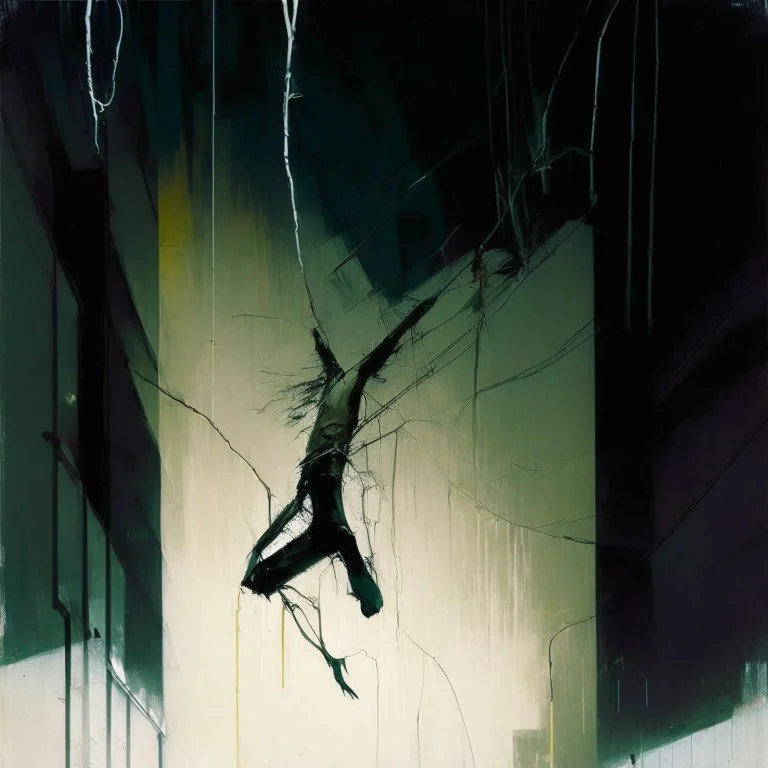 Minimal abstract oil painting of a falling person limbs sinew. Amongst concrete fragments brutalist architecture and hanging wires illuminated at night. In the style of Justin Mortimer and Phil Hale and Ashley Wood