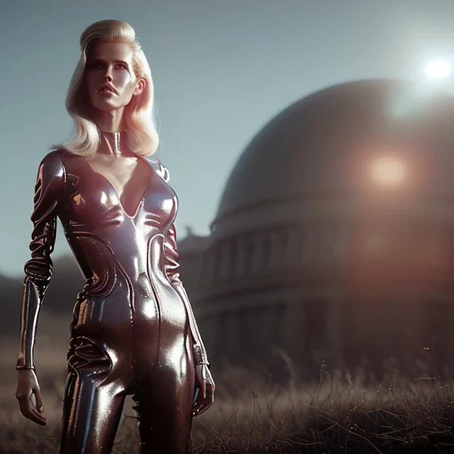 Ultra Realistic retro sci-fi movie scene, waist up view portrait, 5 clones blonde woman, sweet young Claudia Schiffer face, perfect iris, glow eyes, makeup, weapon. Soldiers background, Retro sci-fi style, helmet, tight latex coat, fog, rain, soft color, highly detailed, unreal engine 5, ray tracing, RTX, lumen lighting, ultra detail, volumetric lighting, 3d, finely drawn, high definition, high resolution.