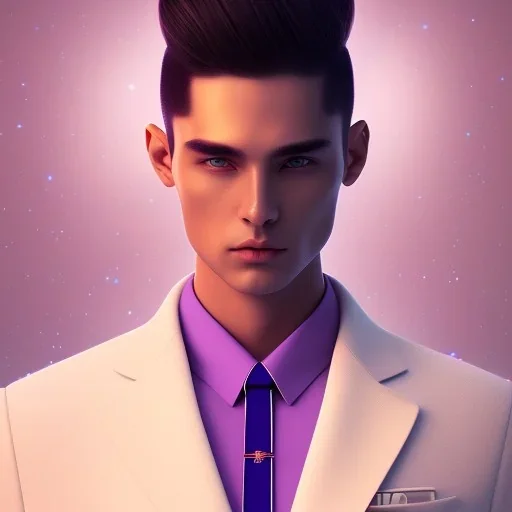 man, cute face, white highlight hair, brown eye, white, skin, purple suits, futuristic, science, purple, blue, dark pink background lighting, technology, profile, asian boy, square face, orange backlight