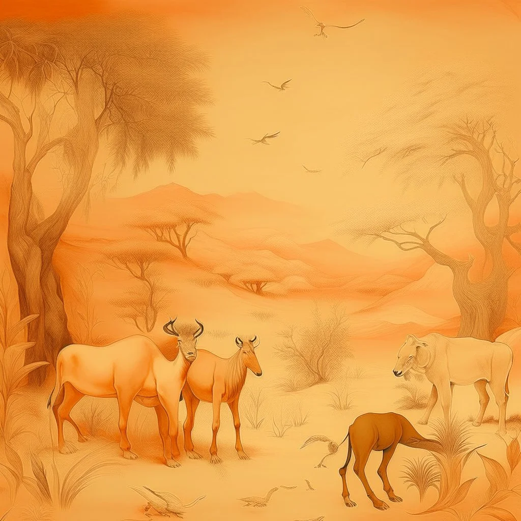 A light rosy orange savanna with animals painted by Leonardo da Vinci