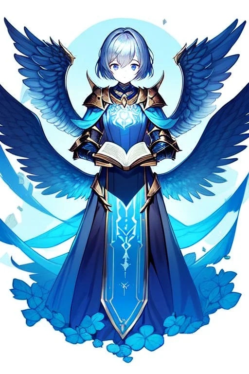 a person in runic armor with blue wings, blue short hair, runic tattoo and spell book