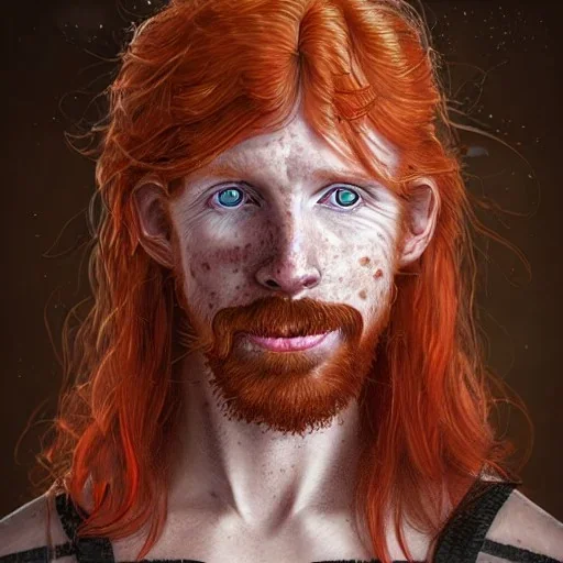 Portrait of young Courtney Gains as a ruggedly handsome, joyful, roguish pirate, charismatic, attractive male, masculine, perfect, precisely detailed clear eyes, unblemished, flawless skin, softly freckled face; meticulously detailed multi-hued ginger carrot-colored cherry fire red hair; fantasy, intricate, elegant, highly detailed, digital painting, concept art, matte, sharp focus, illustration, art by artgerm and greg rutkowski and alphonse mucha