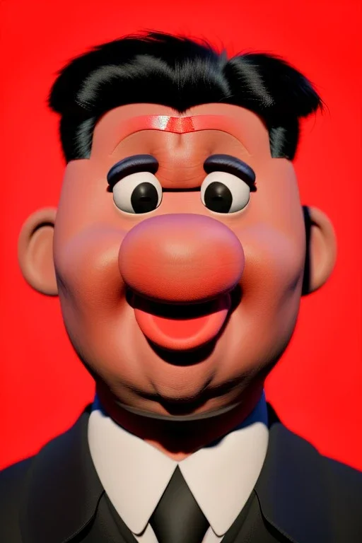 Waist up muppet Portrait, Kim Jong-un muppet doll, black suit, photo studio, red background, unreal engine 5, concept art, art station, god lights, ray tracing, RTX, lumen lighting, ultra detail, volumetric lighting, 3d.