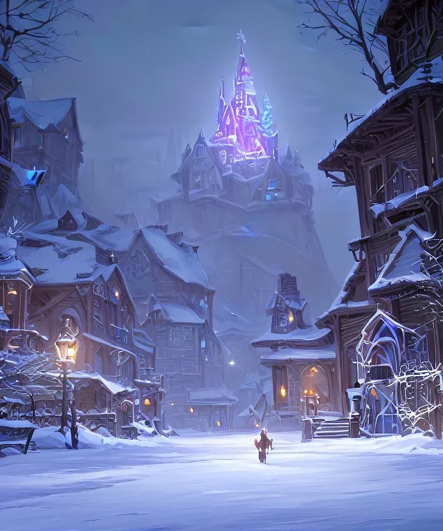 A magical snowy warlock castle with river canals in Christmas time