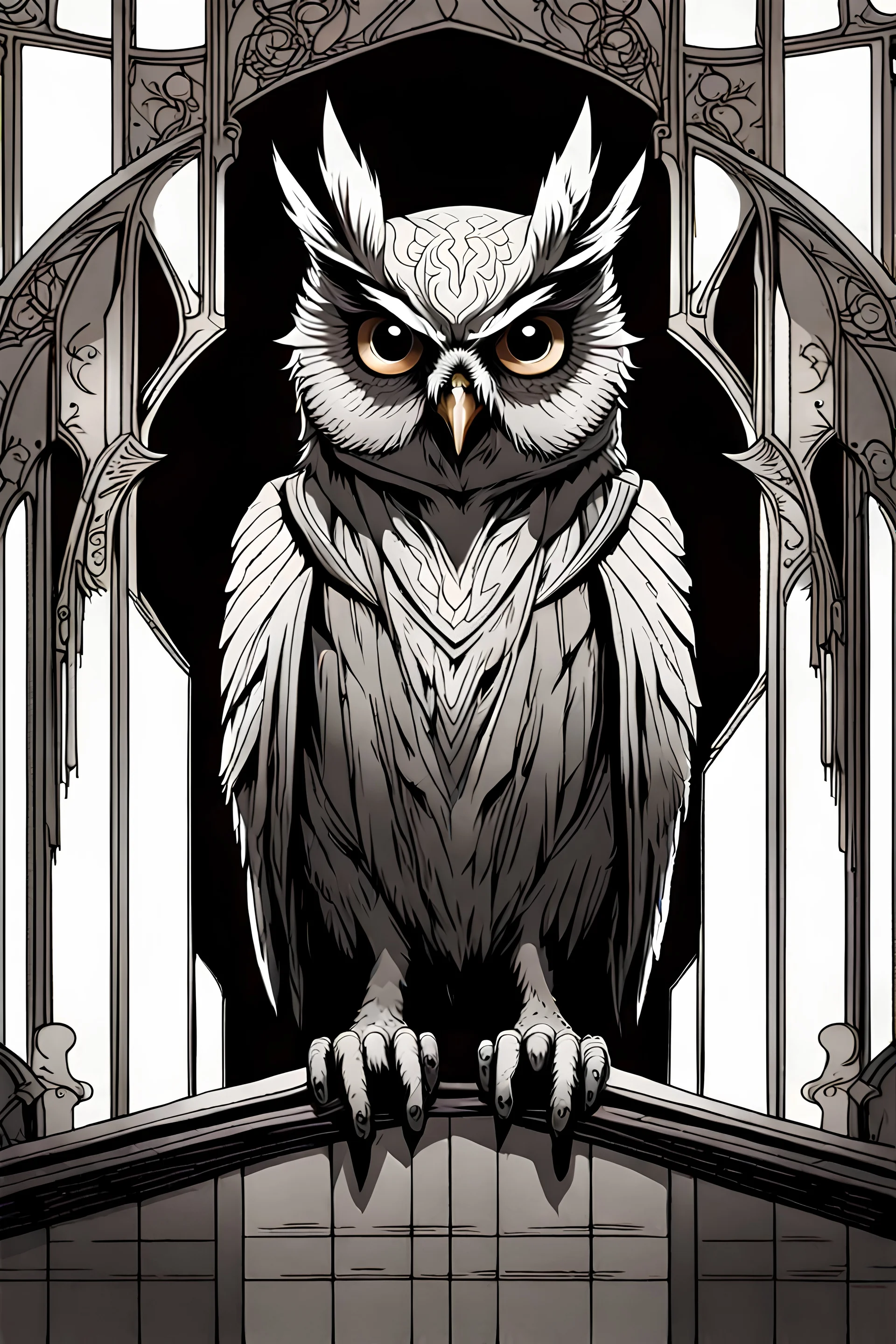Reference, Semi-Realistic, Anthropomorphic Owl, Male, Gothic Style, Full Body, Dark Colors, Human Body