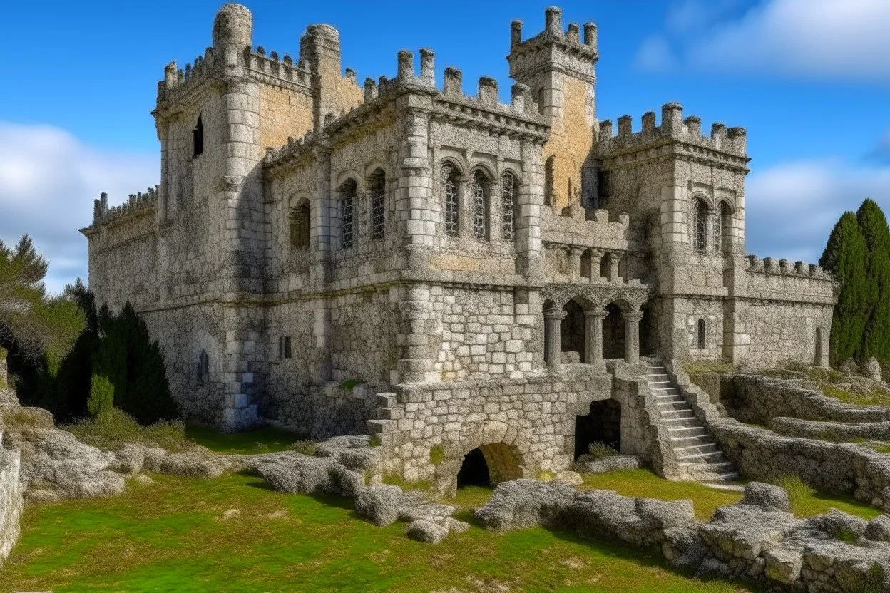 A tan ruined castle made out of granite designed in ancient Roman mosaics painted by John Singer Sargent