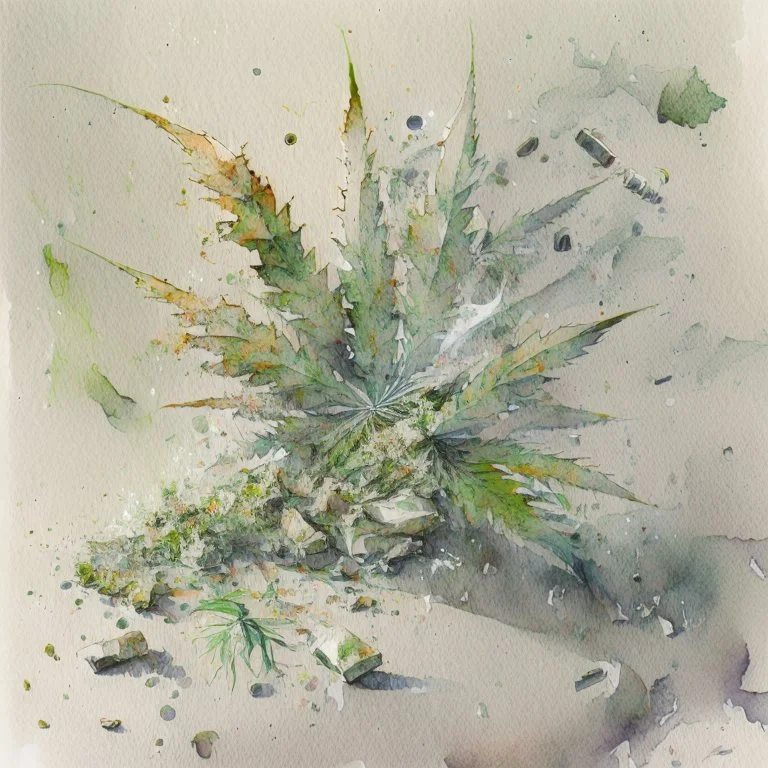 Incorporate crushed weed as scattered fragments across the composition, resembling and textures., watercolour sketch