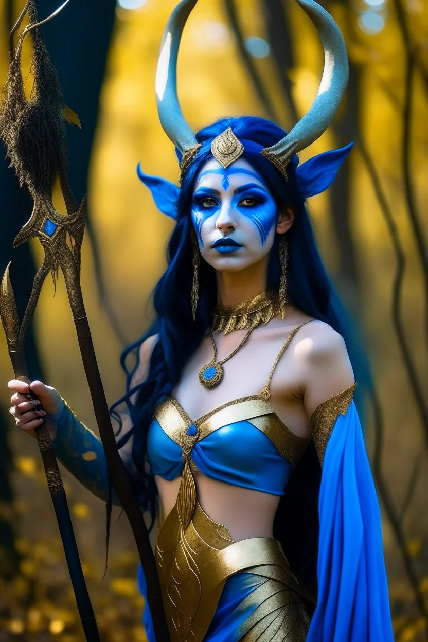 A picture of a beautiful blue faced indian goddess with skin painted blue, blue painted body, blue painted torso, wild black hair, stag antlers, elven ears, golden skirt, holding a staff in a sunny forrest