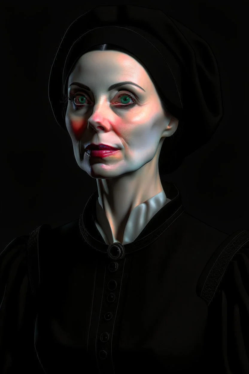 A portrait of a 40-year old british aristocrat woman from XV century in strict dark clothes, authoritative, cold, emotionless, in the style of Genndy Tartakovsky