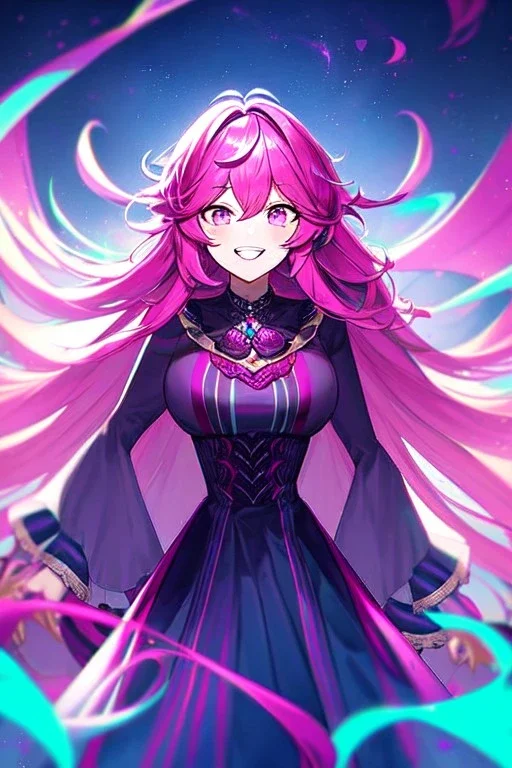 girl, masterpiece, best quality, cinematic lighting, detailed outfit, vibrant colors, perfect eyes, fuchsia hair, fuchsia eyes, long hair, laughing, messy hair,