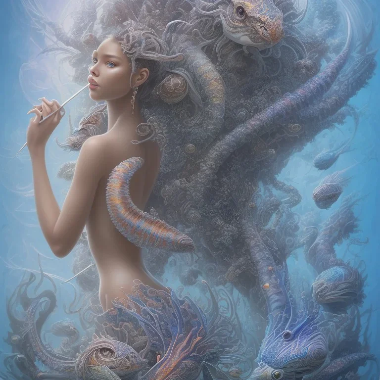 sango fantasy, fantasy magic, intricate, sharp focus, illustration, highly detailed, digital painting, concept art, matte, artgerm and paul lewin and kehinde wiley, masterpiece sexy lips Hawaiian afro lips black African lady body mermaid lionfish head blue space lady beach sea under water mermaid seaweed pyramid