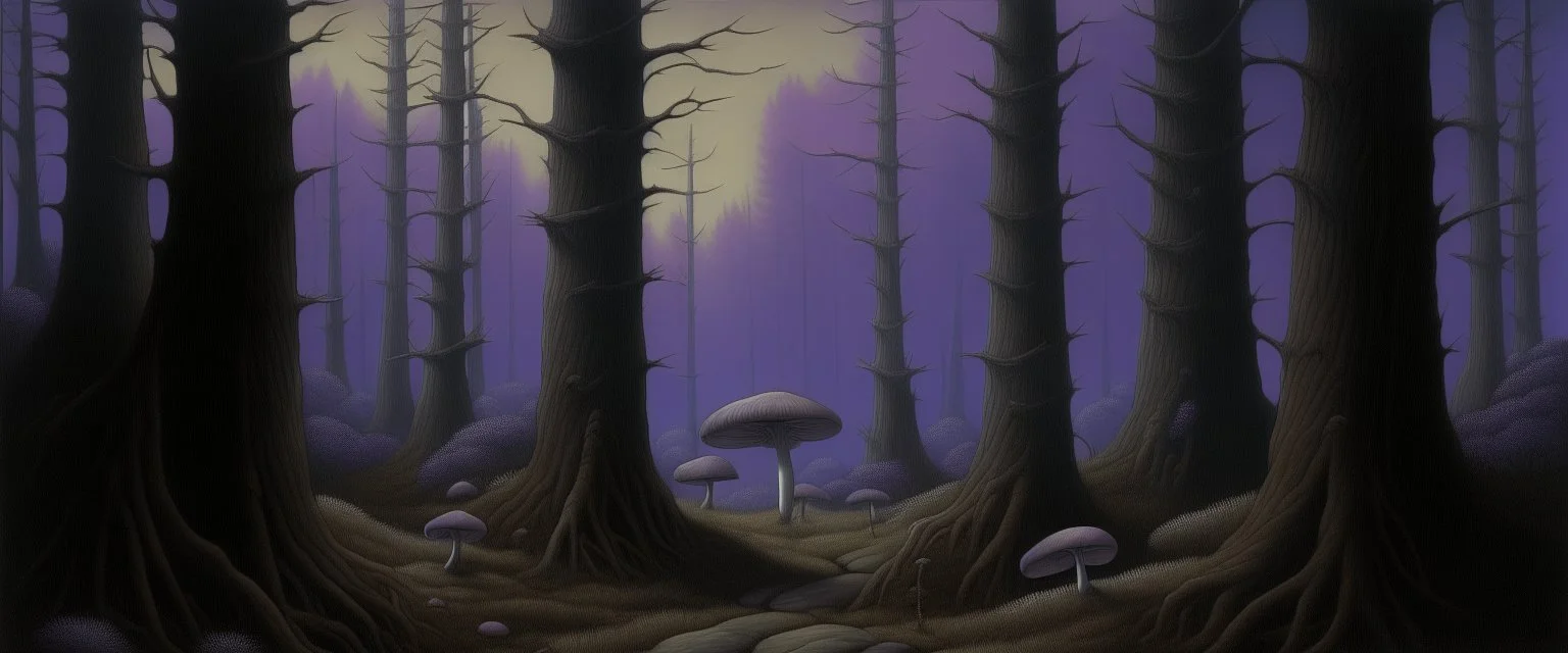 A purple shadowy forest with mushrooms painted by Caspar David Friedrich