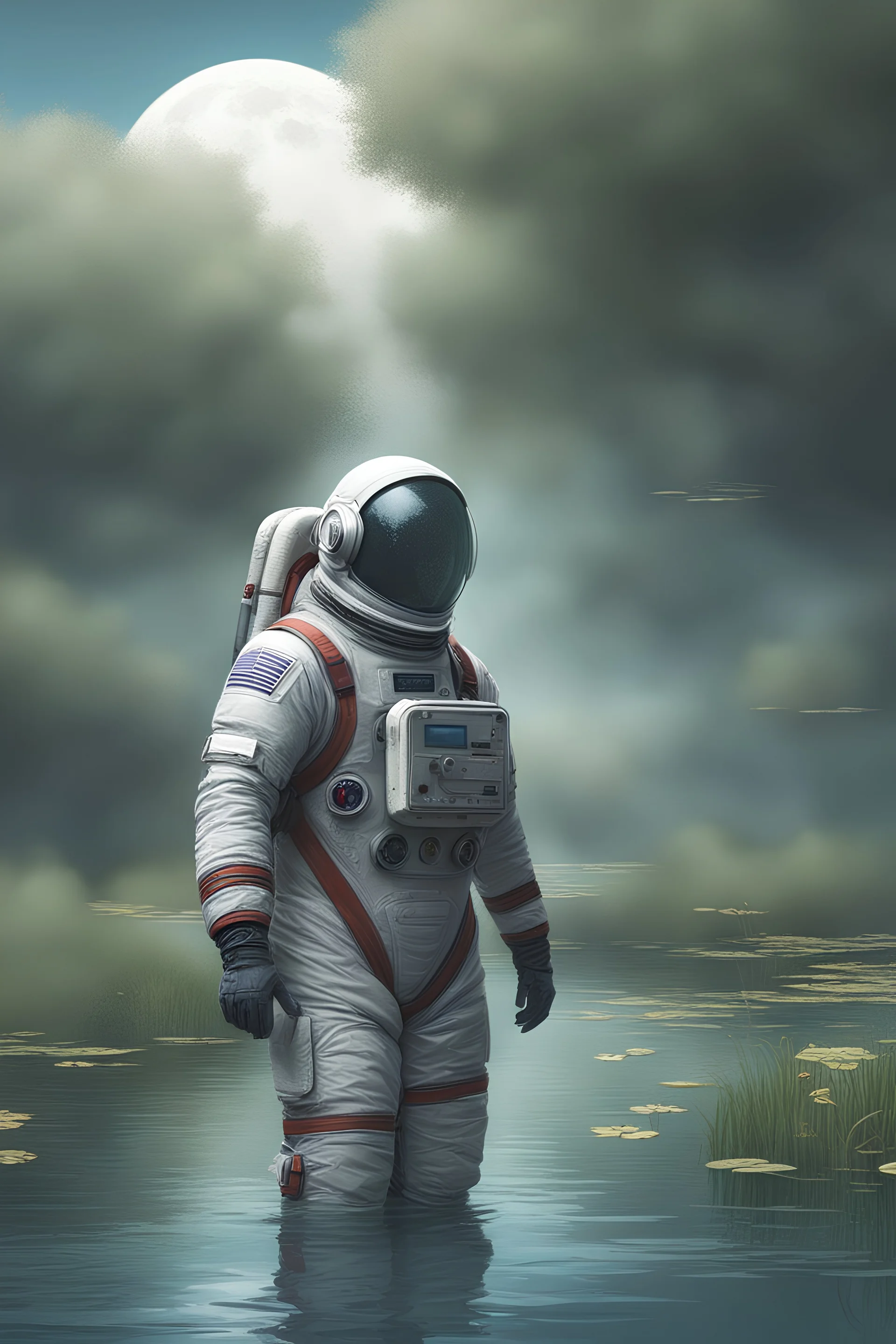 [scifi] A man in spacesuit around a pond