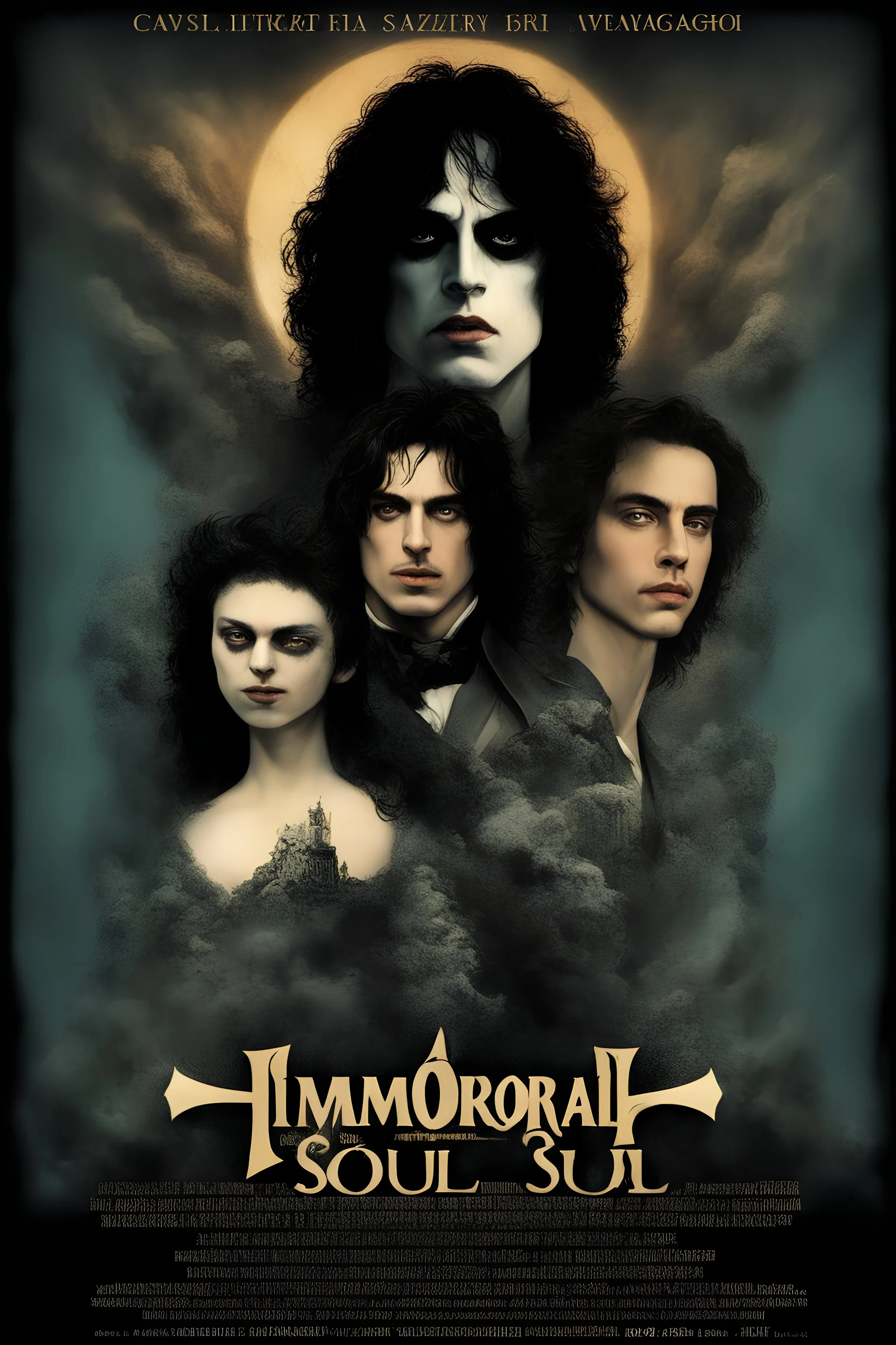 Movie Poster -- "Immortal Soul," Starring Paul Stanley as the evil vampire and Timothee Chalamet as Malcolm Stark - After witnessing the murder of his wife, at the hands of an evil vampire, he vows to avenge her death - in the art style of Boris Vallejo, Frank Frazetta, Julie bell, Caravaggio, Rembrandt, Michelangelo, Picasso, Gilbert Stuart, Gerald Brom, Thomas Kinkade, Neal Adams, Jim Lee, Sanjulian, Thomas Kinkade, Jim Lee,