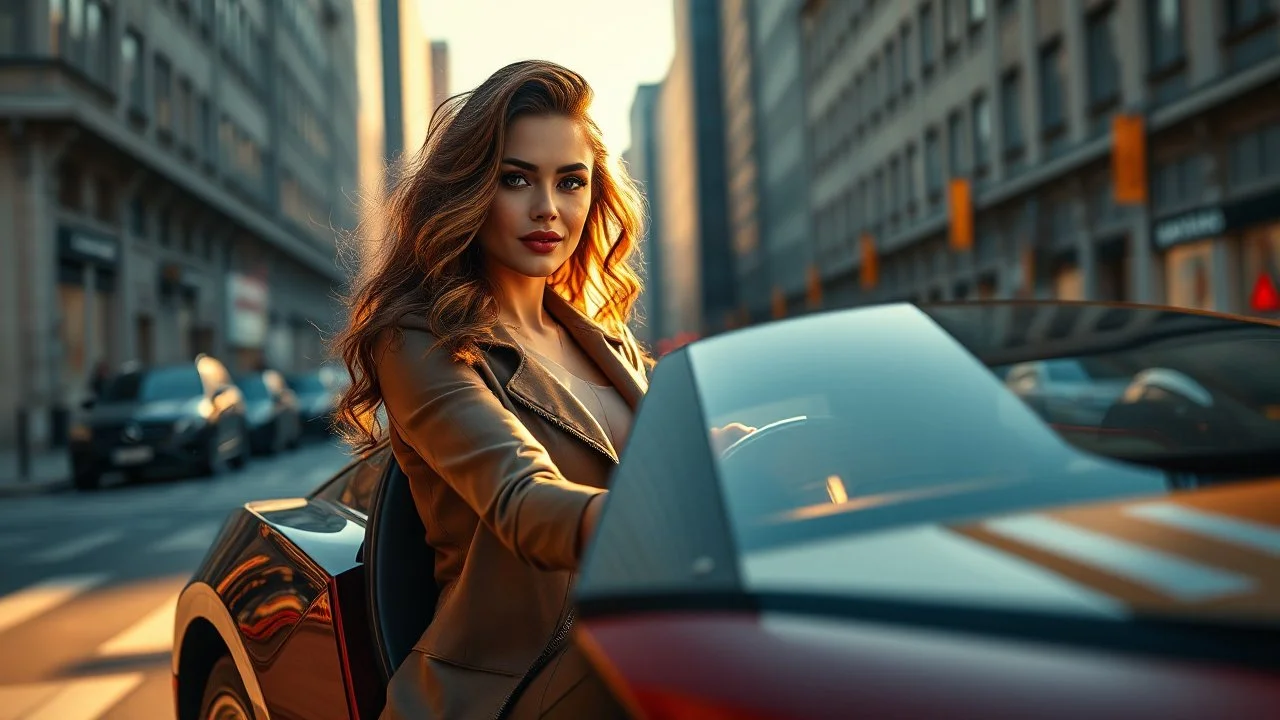 Create an ultra-realistic cinematic 8K fullbody of lady mode skin texture, add makeup,pretty boots,curvy long hair. Style: fashion editorial, confident is driving a roofles lamborgini in streets of a modern city. Lighting: warm golden hour sunlight, soft rim light. Camera look: shallow depth of field, film grain, cinematic color grade. Outfit: keep similar to the original or elevate slightly with premium casual style.