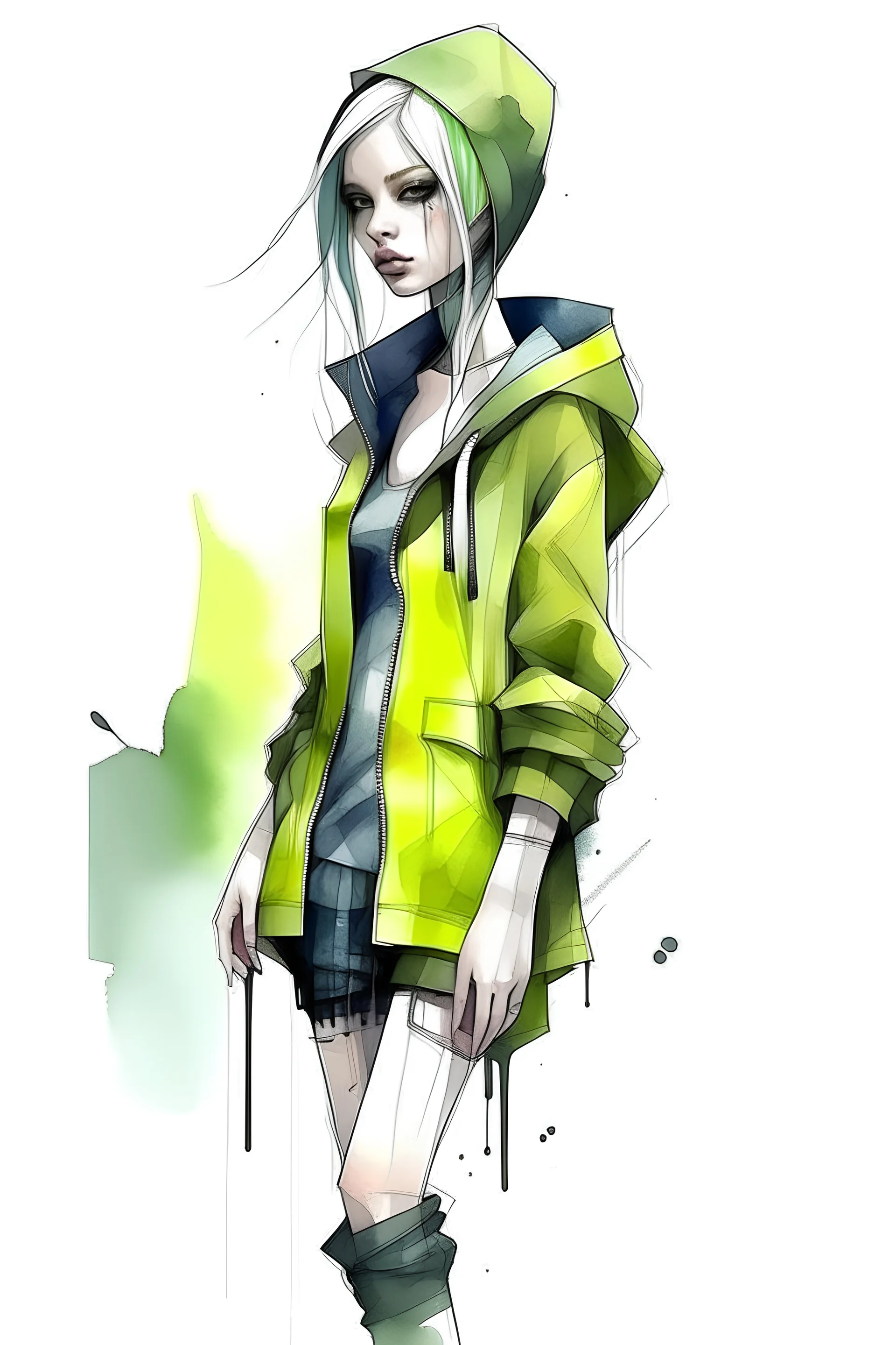 Fashion futuristic techwear dress girl watercolor sketch