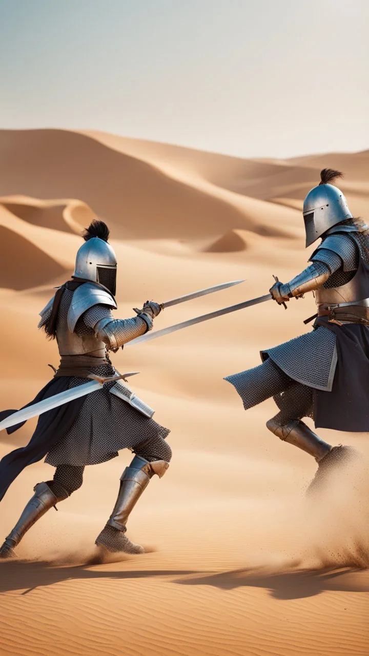 Picture of two knights fighting with swords, in the desert