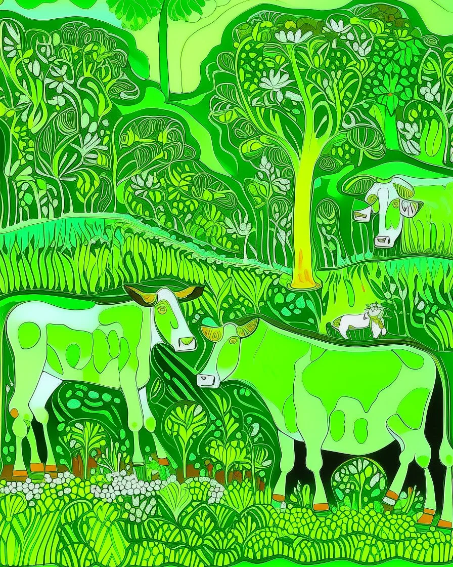 A lime green and light pale green meadow with cows made out of chocolate designed in Kuna Molas painted by Claude Monet