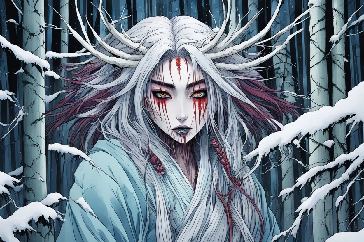 full color front facing portrait of a Yuki-Onna possessed woman with highly detailed hair and slim, narrow facial features, in a haunted snow clad, winter mountain bamboo forest, pierced by shafts of moonlight , danger lurks everywhere but she is undeterred and resolute in her purpose, art in the style of Alex Pardee, spirited away, studio ghibli, , 8k , finely detailed and precise line work, soft gauzy pastel colors