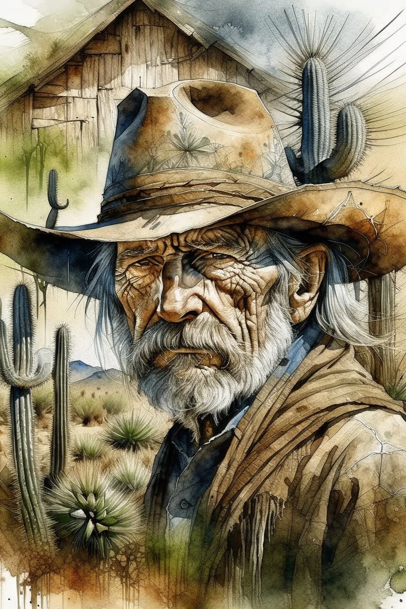 The old Cowboy of the Desert, double exposure cowboy face formed by a old weatheredmud hut with cactus and tumbleweeds around it, watercolor by Jean-Baptiste Monge and Yossi Kotler, Modifiers: sharp focus extremely detailed intricate oil on canvas portrait hyperrealistic high definition crisp quality