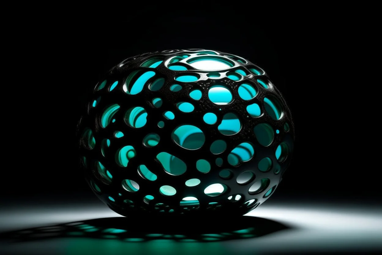 beautiful composition, black spheres with holes, woven of thin black wire, the entire surface of the sphere is filled with symmetrically arranged round holes, from the inside of the sphere a bioluminescent blue-green (sometimes blue, sometimes green) light is emitted, projecting coloured round spots onto the whole background and the whole horizontal base where the sphere is placed. S<AI