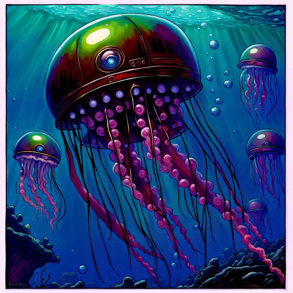 90's TCG fantasy artwork art of robot jellyfish underwater