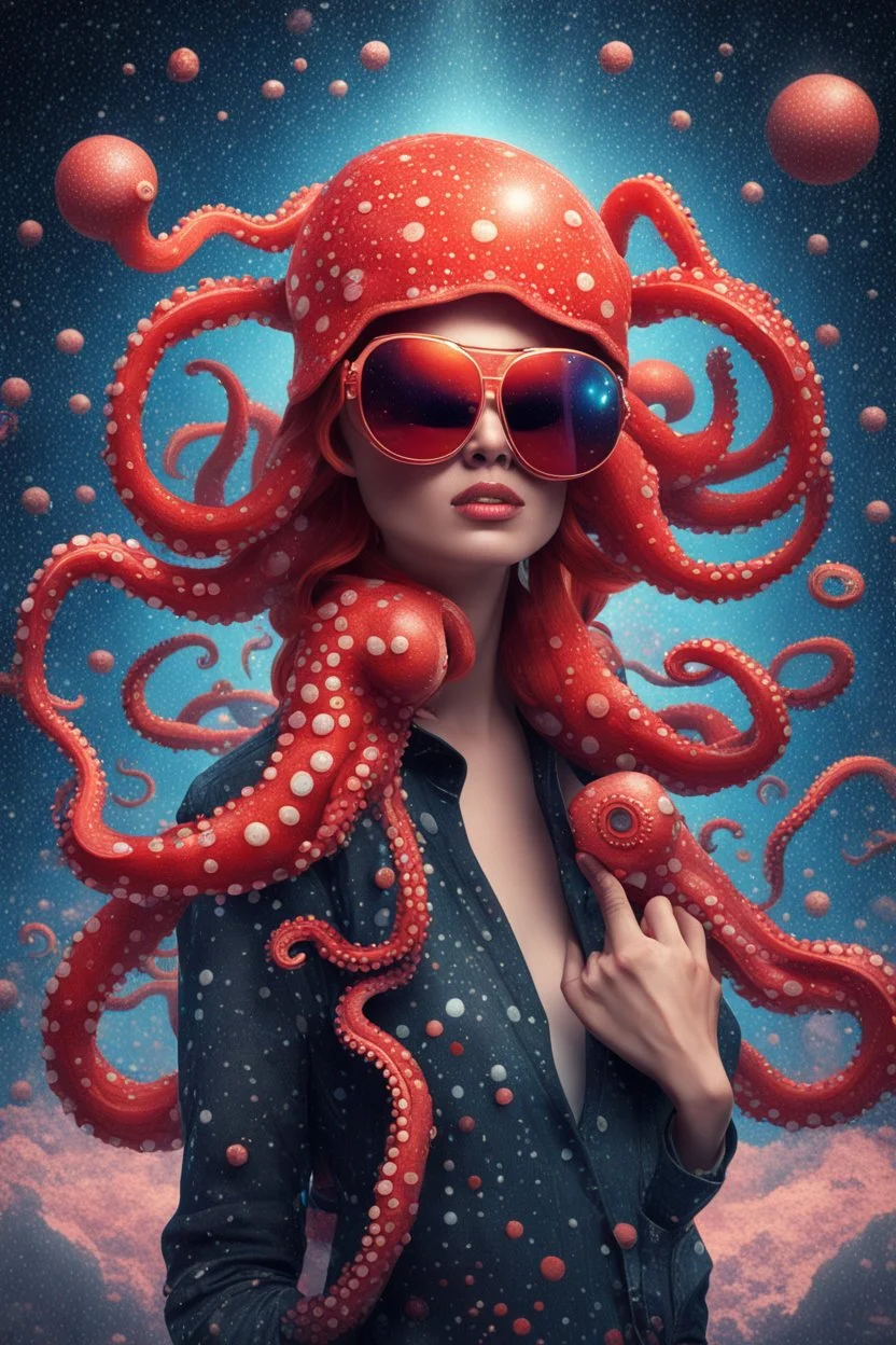 woman indonesia clutching an octopus, red hair, octopus on head, falling comets, reflective sunglasses, heavy rain, outer space, shooting stars, dramatic light, laser beams, space war, battlefield face made of dots, pointillism, dotted multicolored shapes, symmetrical, digital art, hologram, virtual reality, digitized structure, ultra detailed, 3d render, trending on, by addiedigi