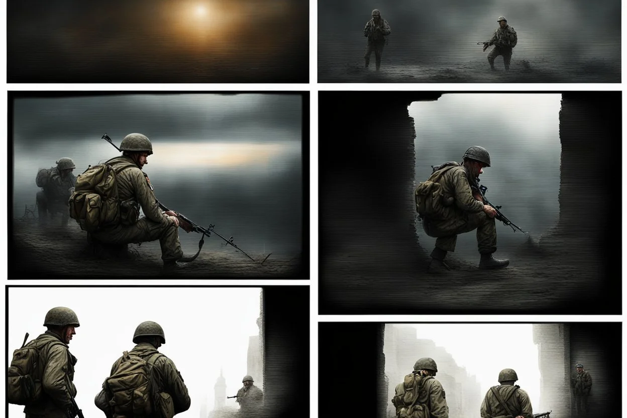 Masterpiece1:5)(Fineart), (award-winning:1.5), highest quality, (ultra realism:1.5) war journalism(,(by Tim Page and Hoorst Faas:1.5))(photorealistic:1.8),RAW pictures (Eastern Ukraine:(panel one:the moment after a battle ends, horrors of war, wounded men),(2nd panel, cinematic shot of men sitting in trench with 1000 yard stare (focus on their eyes:1.5)),(the third panel shows troops tired but hyper alert), (the fourth panel shows the sky is filled with incessant, fire and smoke,)