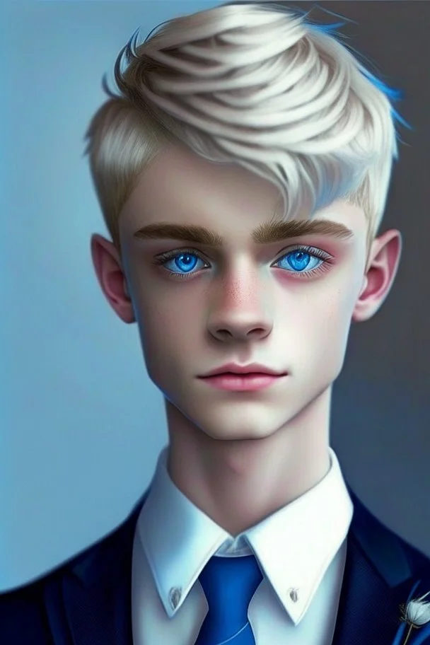 A cute Twink boy, haircut, blue eyes, suit