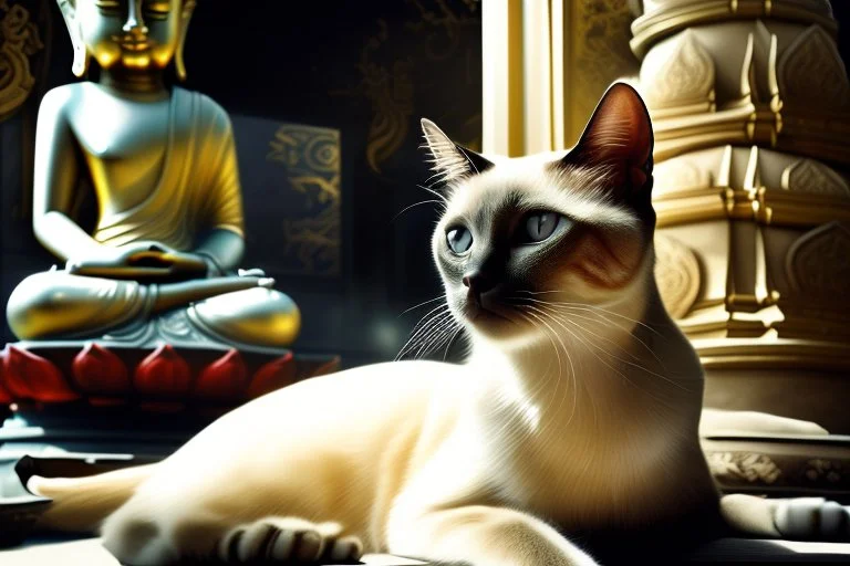 Elegant feline (Siamese cat) laying on Buddha statues lap, observing Thailand, painting impressionism, beautiful, artistic detailed Modifiers: elegant illustration intricate oil on canvas cinematic lighting very attractive beautiful dynamic lighting fantastic view close up hyperrealistic crisp quality hdr cinematic postprocessing Thomas Kinkade Caspar David Friedrich focused Craig Rutkowski