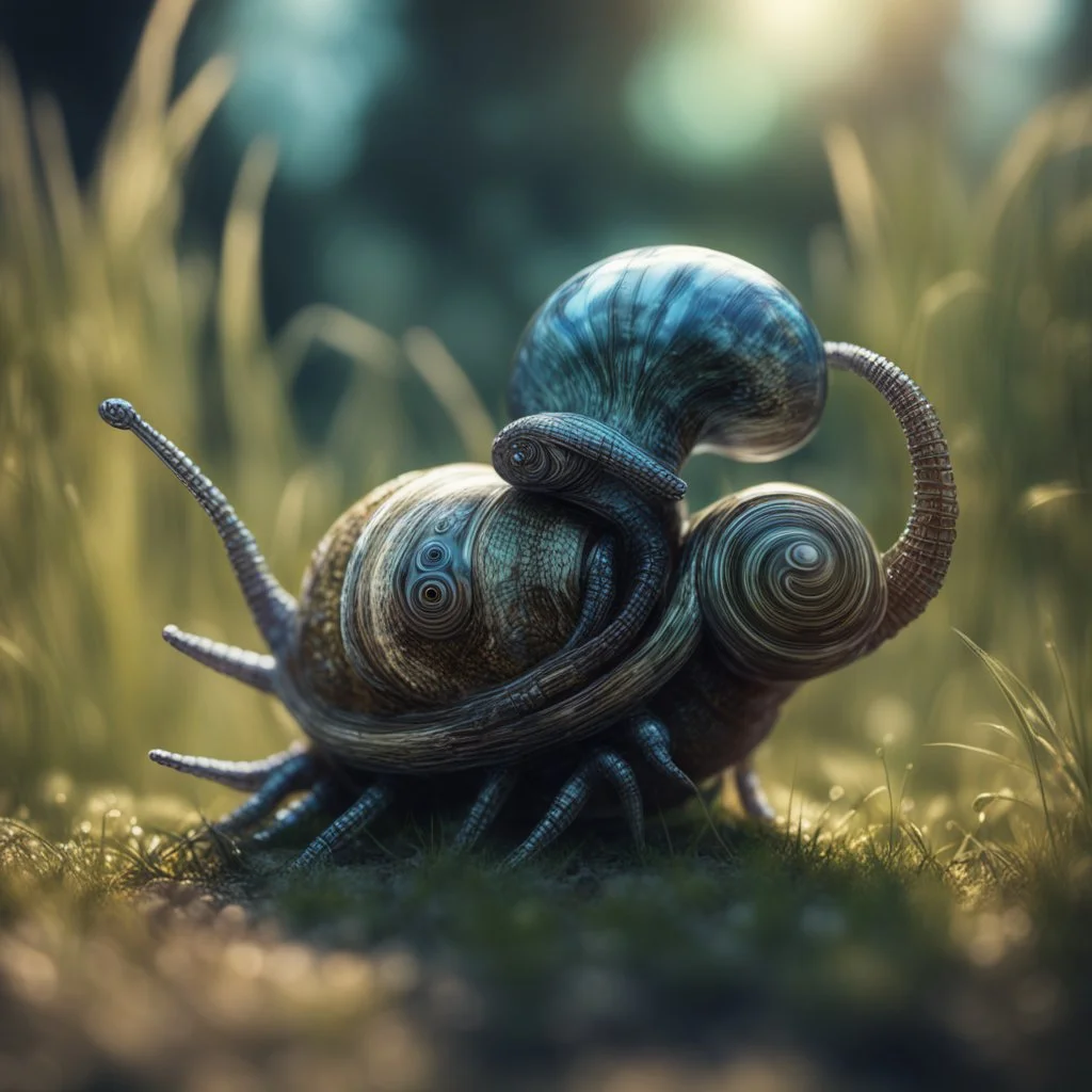 electric egyptian mummy snail in the style of giger, in t-pose made from tinted murano glass in long grass ,bokeh like f/0.8, tilt-shift lens 8k, high detail, smooth render, down-light, unreal engine,bokeh like f/0.8, tilt-shift lens 8k, high detail, smooth render, down-light, unreal engine