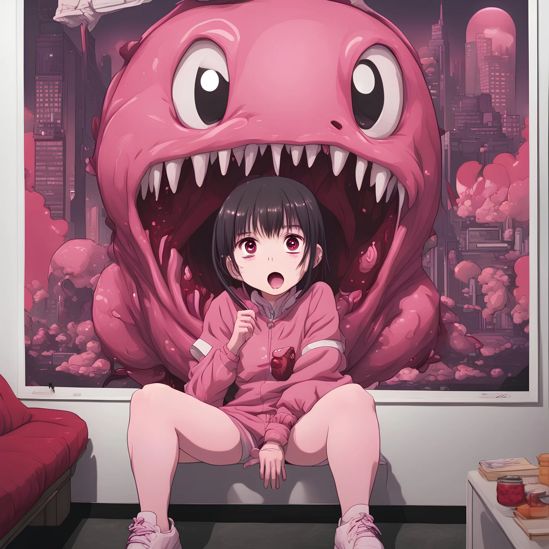 a cute creature in front of a big poster of a "Anime girl crushed inside really darkred fleshy stomach filled with digestive juices, sit pose, fullbody, serius, slobbe, Junji Ito style, pink tones, rolling eyes, tongue out, saliva drip, open mouth," cinematic, a city in the background