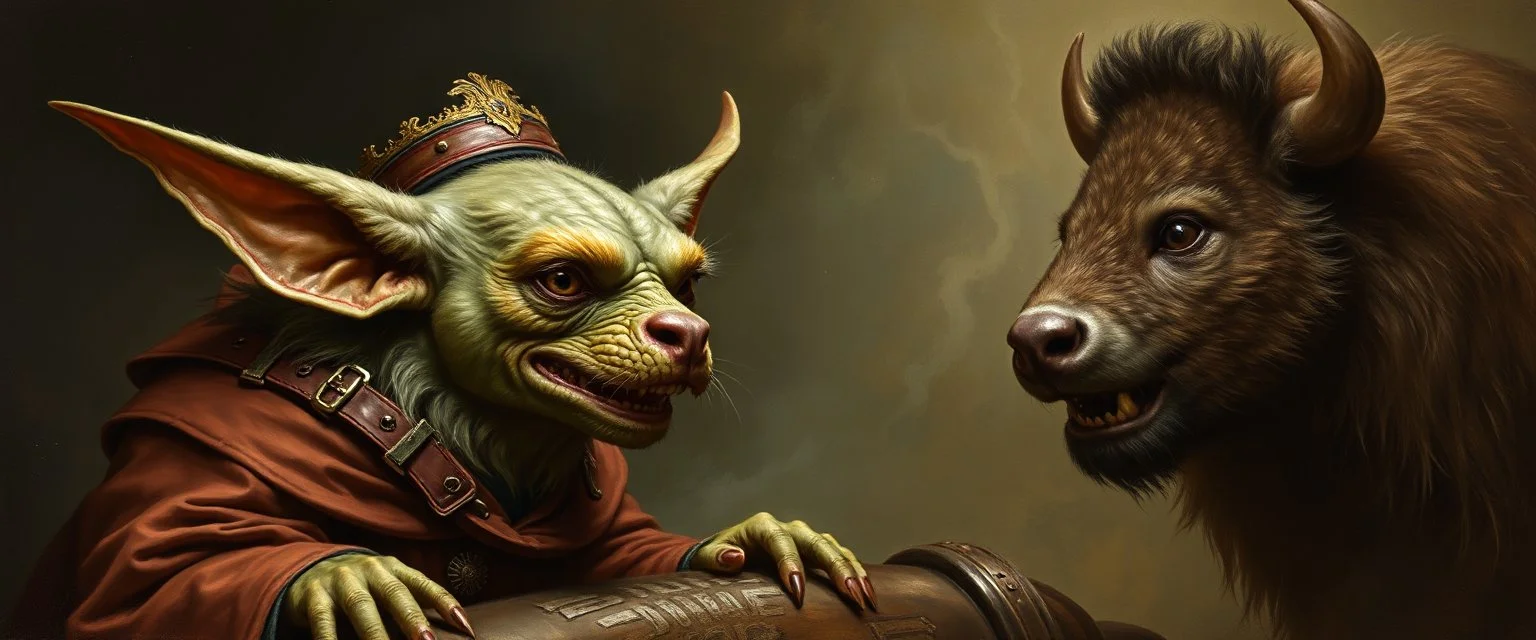 gremlin dog bison badger star ship captain in the style of Rembrandt