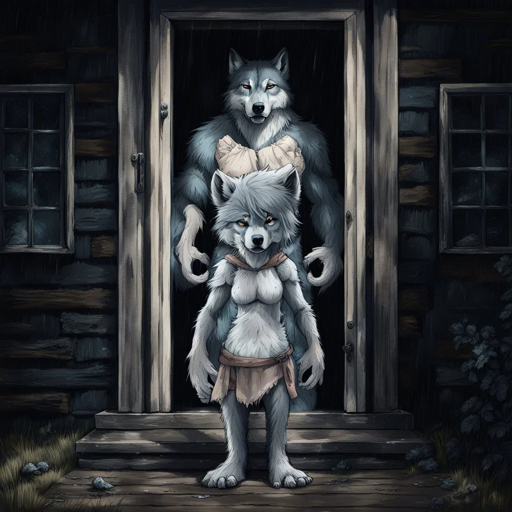 fantasy digital art of crying young female anthro wolf in gray hairy wolf body and wears just a short canvas rag around her waist , sadly crying face stands in the rain front the door, behind her an tall anthro dark hairy wolf man standing behind in rustic halb open door in an massive wooden house, deep colors, rainy day, detailed, anthropomorphic creatures, fantasy, sci-fi mood