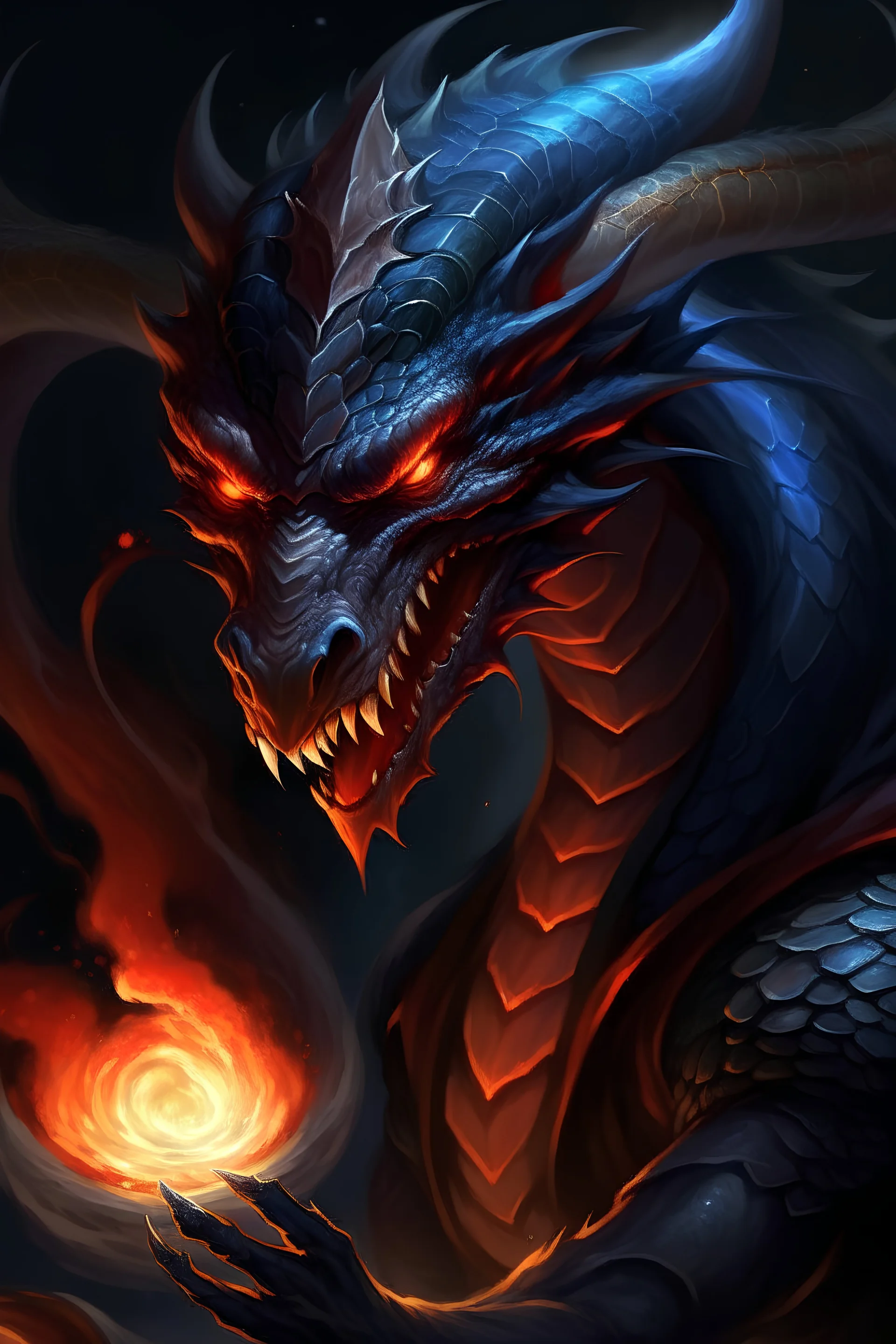 a dragon with midnight scales and ember eyes fights an evil sorcerer in robes