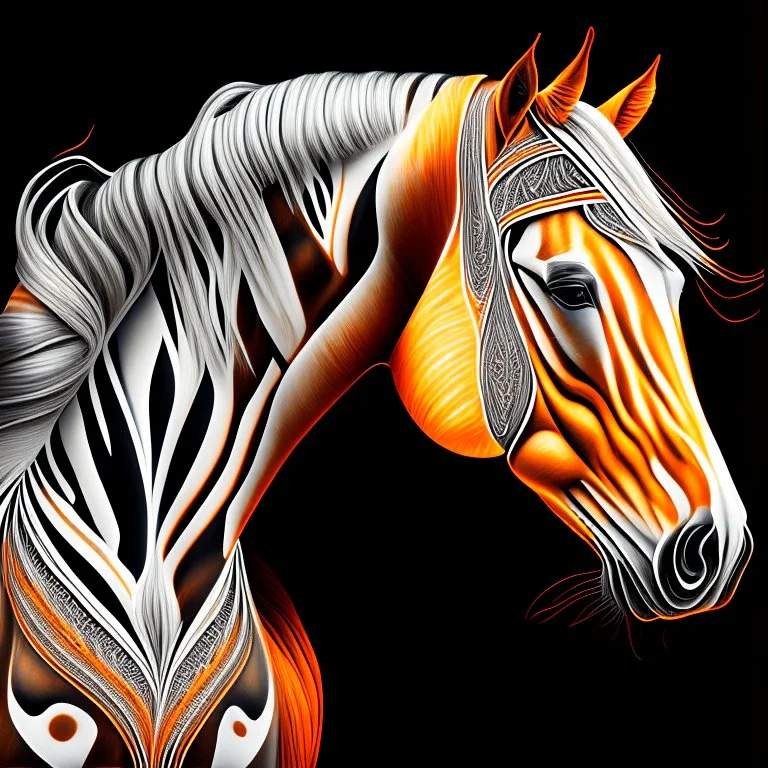 Horse Palomino symmetrical design front view ink art colours orange cream white and black hyper-detailed realistic 8k