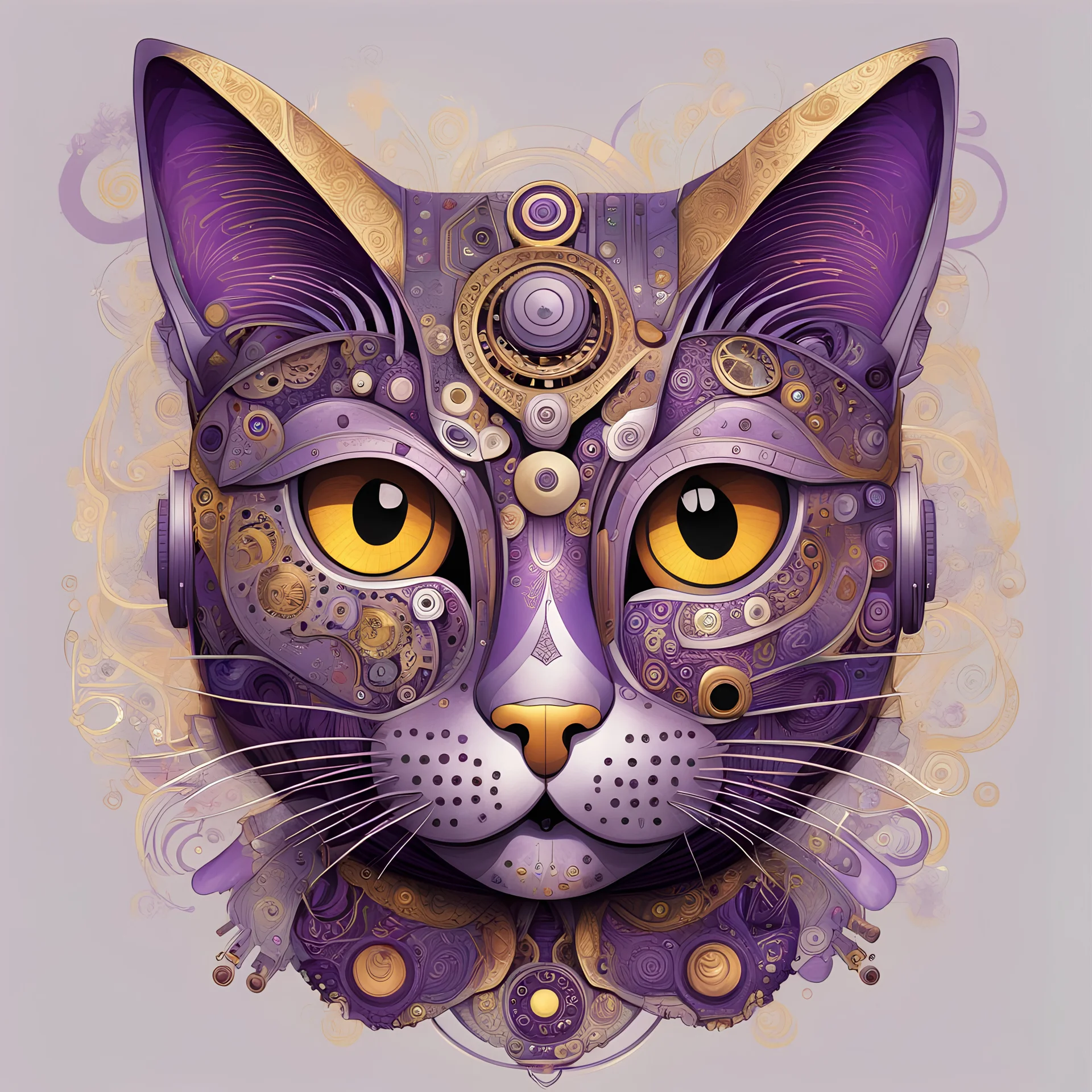 Robot Cat, psychedelic, Detailed, by Laurel Burch and Brian Despain, maximalism, purple and silver and gold, by Petros Afshar