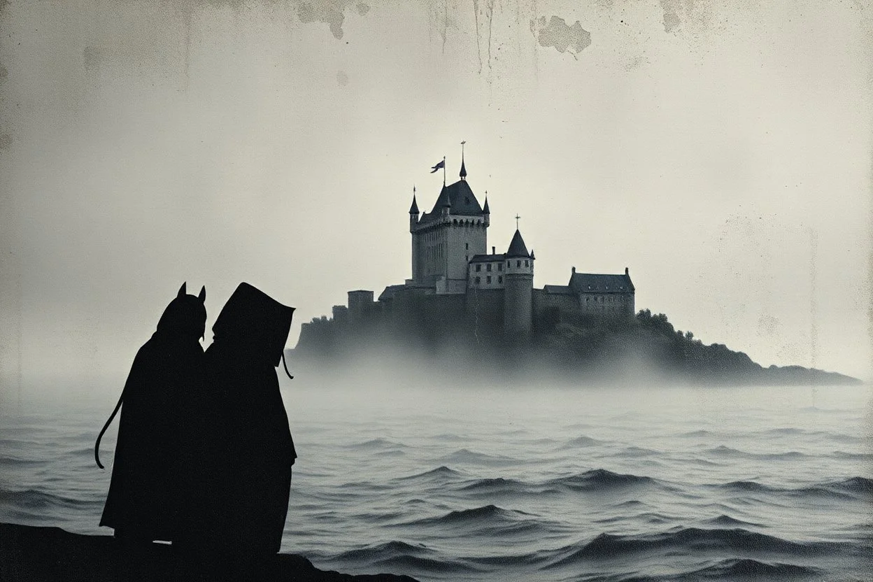 A building castle by the ocean all gray, a shadow of a two creatures with hood looking at the house , foggy, blurry , dark and mysterious,painted antique canvas of a Risograph Art of a Art ,into the moody backdrop creates an atmosphere of enchantment and mystery high resolution fine detailed textures fine colors scratches, tears, burn marks, cracks in the paint in the mix style of Joan Miro Gabriel Pacheco, antique extreme canvas textured, blurry old style