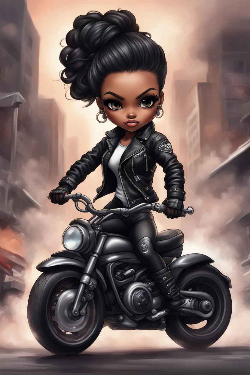 Create a digital airbrush illustration of a chibi cartoon full figure black female riding a sports motorcycle. She is wearing biker jacket and black tights with biker boots. Prominent make up with log lashes and hazel eyes. Extremely highly detailed black shiny wavy hair up in a messy bun. Background of smoke surrounding her and the bike and she's at a bike show.