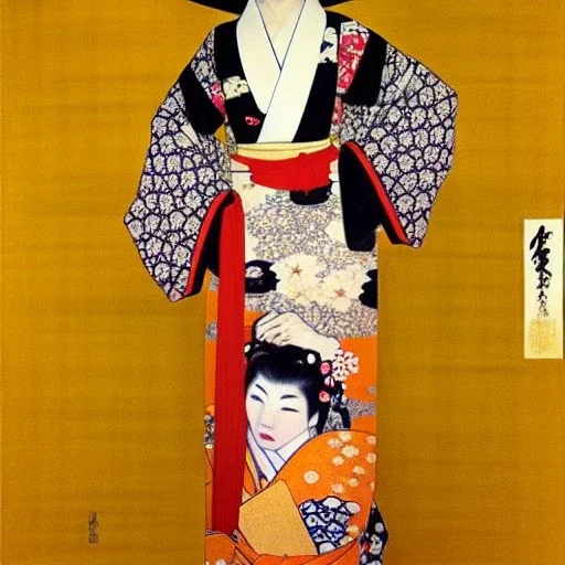 Retrato de cuerpo entero una Geisha con kimono con Katana con el estilo de Gustav Klimt