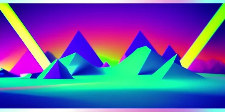 3d rendering. Abstract futuristic neon background. Fantastic landscape with glowing geometric triangular frame and mountains